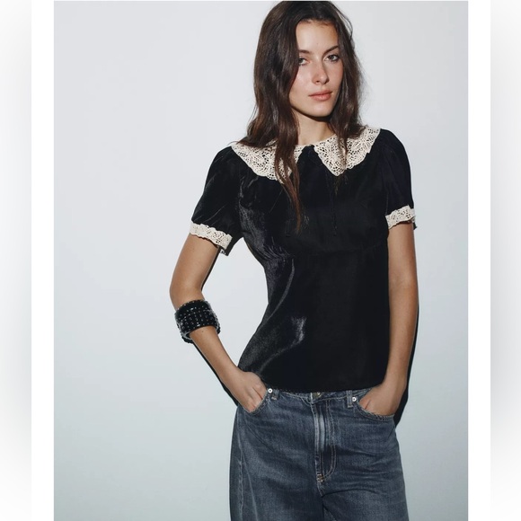 Zara NWT Black Velvet Crochet Bow Top/Shirt/Blouse size XL - Picture 5 of 17